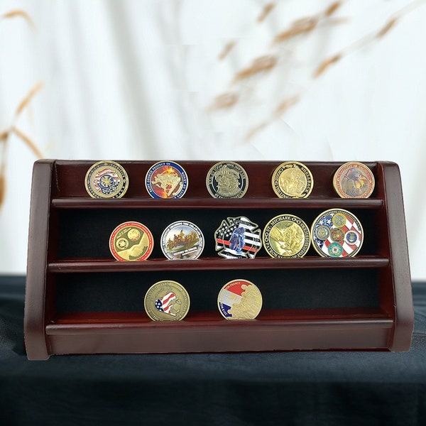 3 Floors Collectibles Coin Display Stand - Up to 21 Coins Wooden Rack Holder for Sobriety/Stoicism Milestone Coins with Wall-Hang Brackets