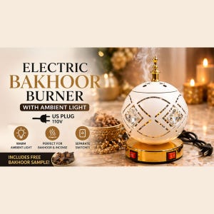Könnte beinhalten: Elektrischer Bakhoor-Brenner mit Umgebungslicht. Der weiße, kugelförmige Brenner hat einen goldenen Sockel und goldene Akzente, mit einem Diamantmuster und einer goldenen Spitze. Das Bild enthält den Text "Electric Bakhoor Burner" und "Includes Free Bakhoor Sample!"