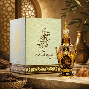 May include: A rectangular box with a light green quilted pattern and gold Arabic calligraphy next to an ornate glass perfume bottle with gold metal accents and a pointed cap. The box features the text Oud Aali Qadar Pure Concentrated Oil.
