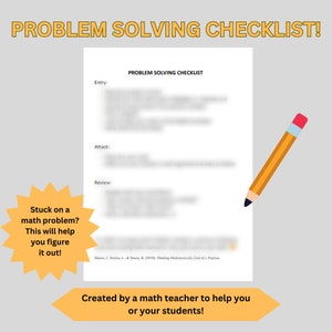 May include: A white paper document titled PROBLEM SOLVING CHECKLIST with sections for Entry, Attack, and Review. A yellow pencil with a pink eraser is positioned to the right. A yellow starburst contains text about math problems and a teacher.