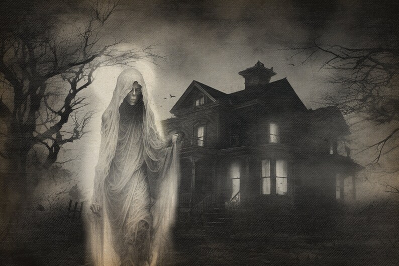 May include: A digitally painted image of a spectral figure in a flowing white shroud, standing before a dark, ominous house. Bare trees and a foggy sky create a spooky, Halloween-themed scene.