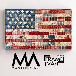 May include: A rectangular wall art piece featuring a patchwork quilt design of the American flag. The blue canton contains white stars, while the stripes are composed of various red, white, and blue fabric patterns, including floral and plaid prints.