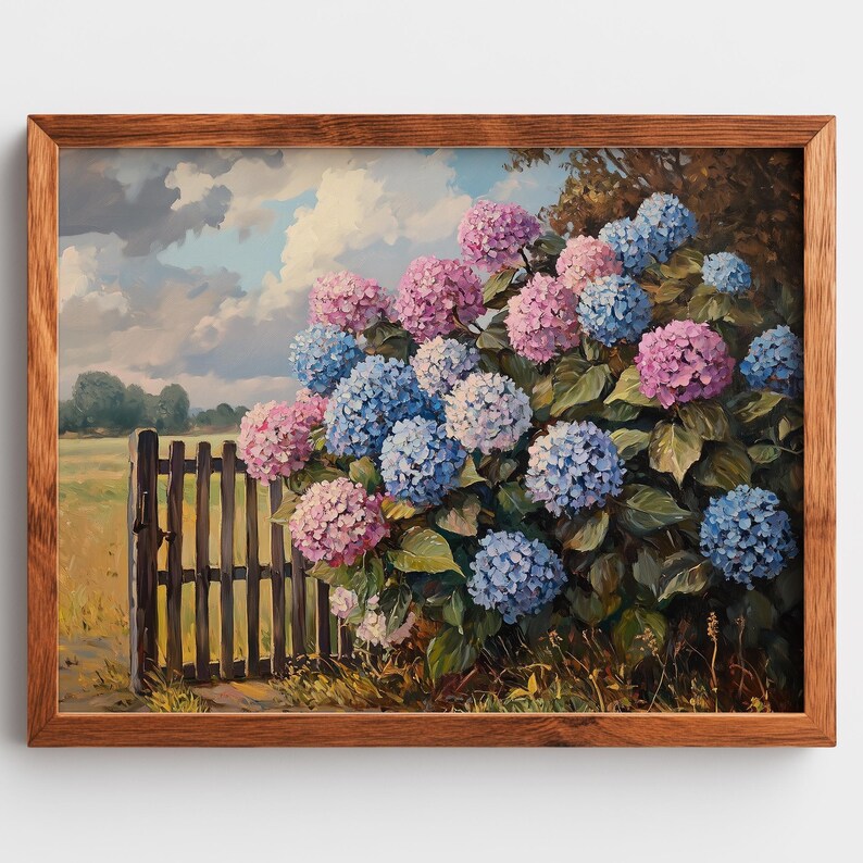 Rustic Hydrangea Garden Wall Art - Cottagecore Pastoral Floral Painting ...