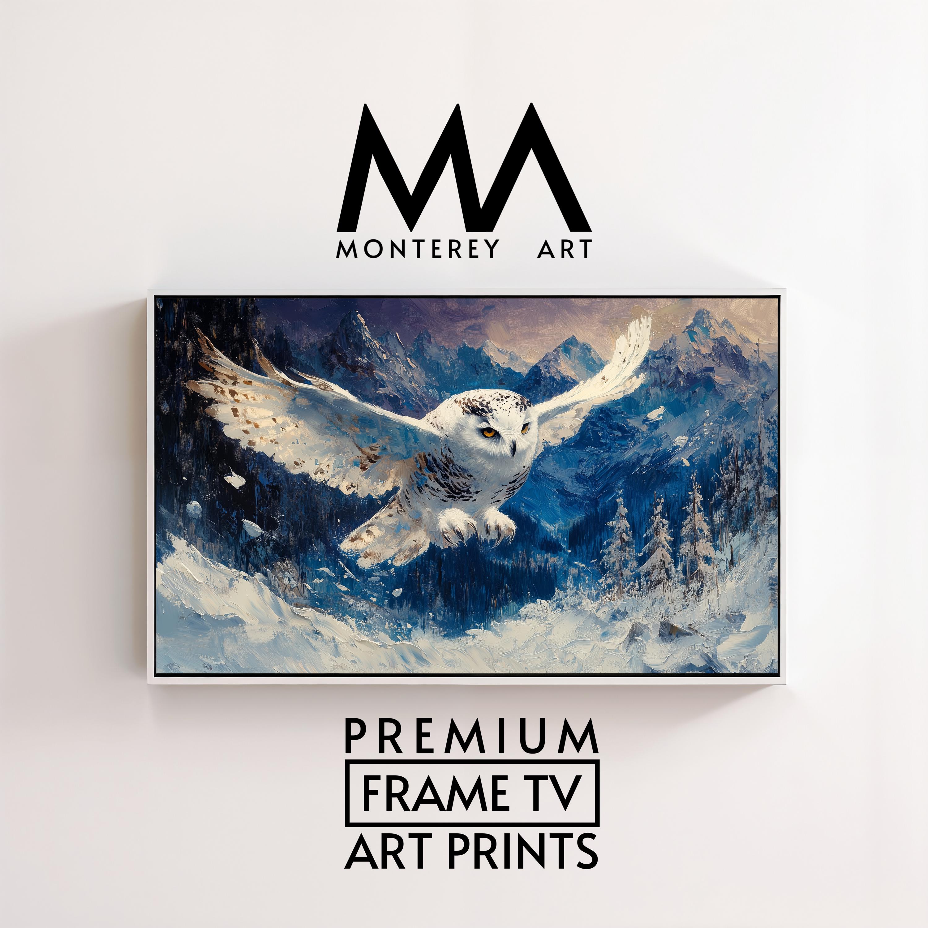 Moody Winter Owl Family Frame TV Art, Snowy Owls in Flight, Atmospheric Cabin Decor, Digital Downloa