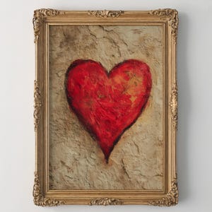 May include: A framed artwork featuring a large, textured red heart against a neutral background. The heart is painted with visible brushstrokes, and the frame is ornate with a gold finish. The artwork is a decorative piece.
