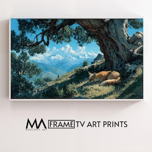 May include: A framed art print depicts a serene landscape with a sleeping fox under a large tree. The artwork features a mountain range in the background, with a blue sky and lush greenery. The print is labeled "MA FRAME TV ART PRINTS".