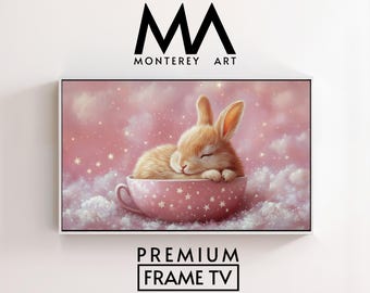 Simpatico coniglietto in cornice per TV, decorazione da parete per cameretta in colori pastello, accogliente download digitale, opera d'arte dipinta a mano per TV con cornice 136