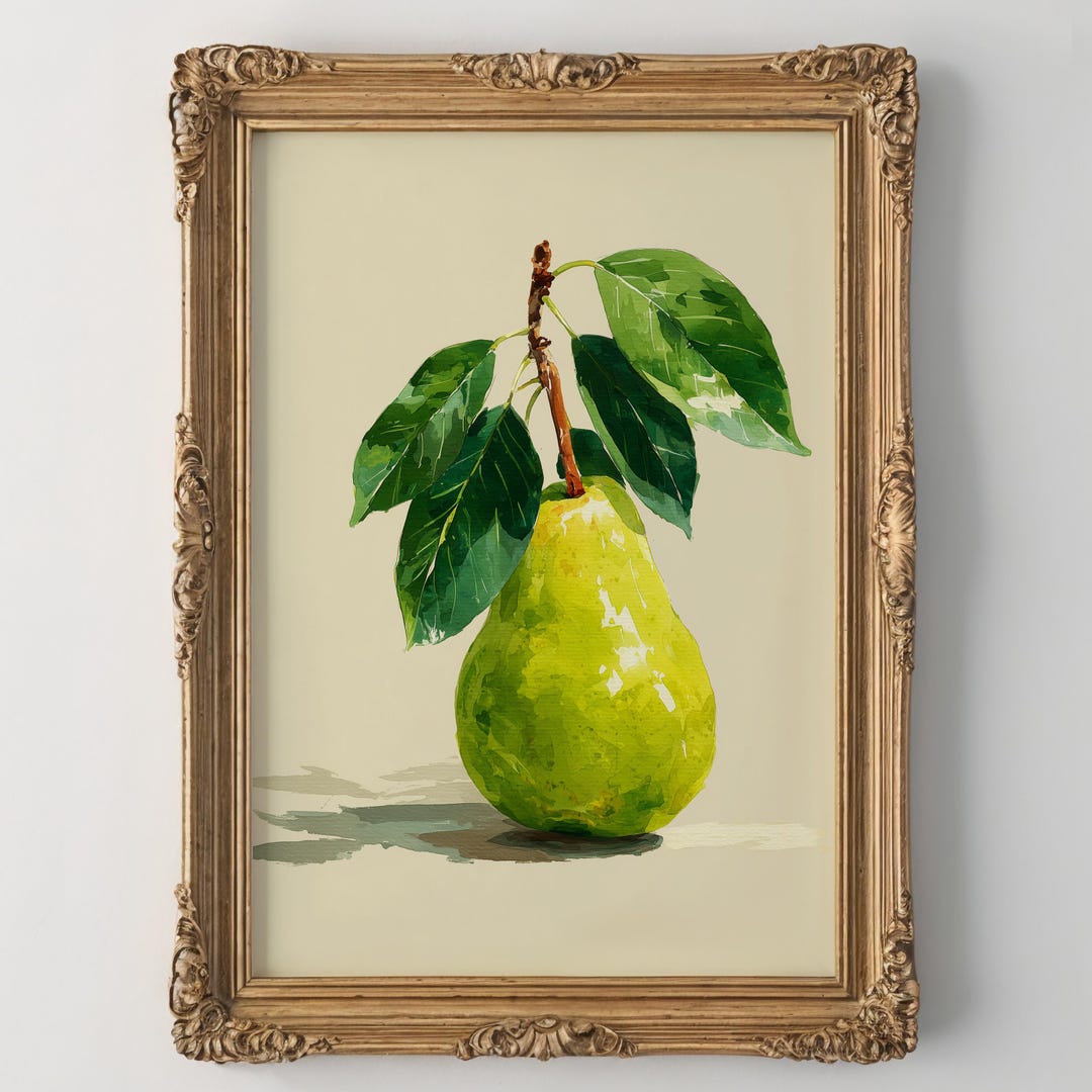Vibrant Watercolor Pear With Leaves - Minimalist Botanical Art, Fresh ...