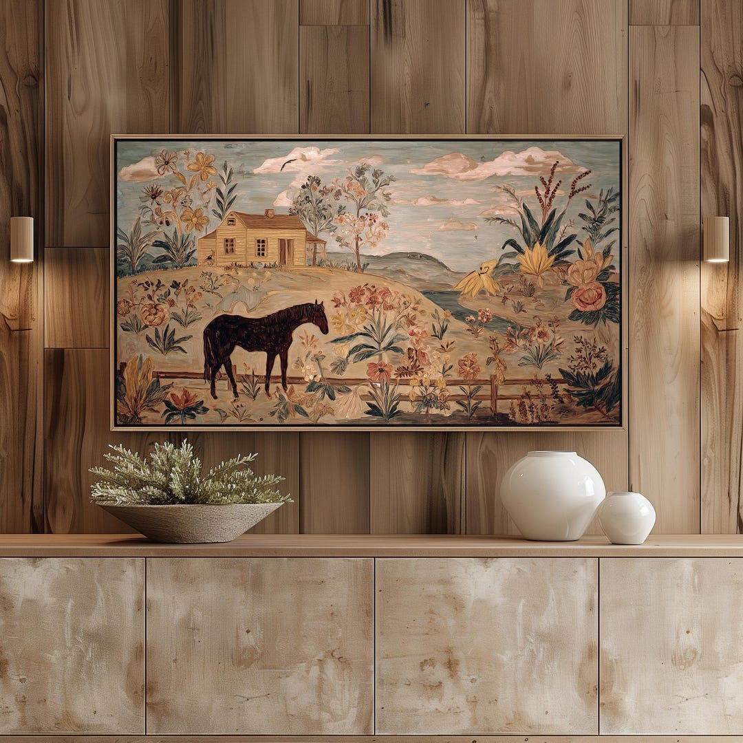 Rustic Grazing Horse TV Art, Cottagecore Farmhouse Printable, Vintage ...