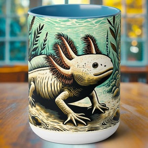 Axolotl Holzschnitt Illustration Tasse - Süße Amphibien Design Kaffeetasse - Einzigartiges handgefertigtes künstlerisches Trinkgeschirr für Axolotl-Liebhaber Geschenkidee