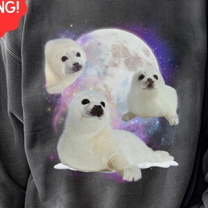 Three Harp Seal One Moon Retro Graphic Sweatshirt, Vintage Ocean Nature Pullover Sweatshirt, Cute Seal Lover Gift