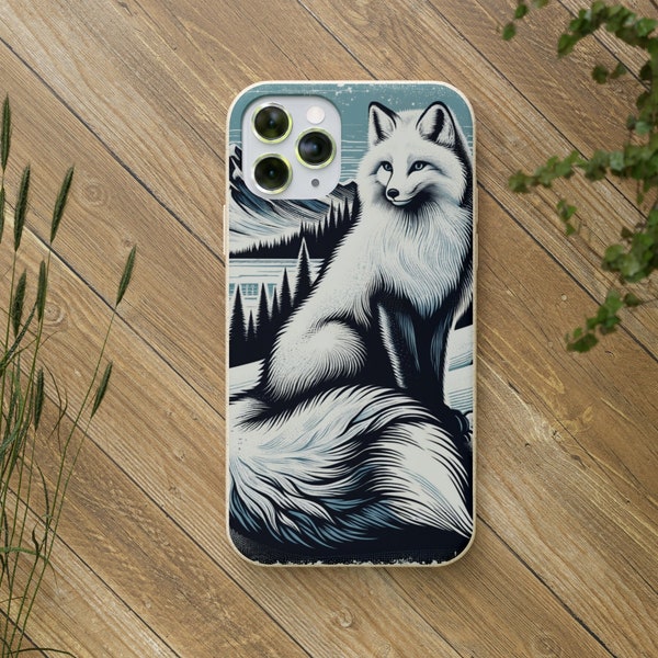 Eco-Friendly Biodegradable Phone Case with Snow Fox Woodcut Design, Rustic Aesthetic, Compostable Protective Smartphone Cover