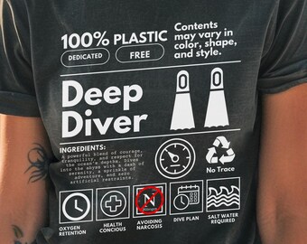 May include: A black t-shirt with a white graphic design that says "100% PLASTIC DEDICATED FREE" and "Deep Diver". The graphic also includes a checklist of items needed for diving, such as oxygen retention, health conscious, avoiding narcosis, dive plan, and salt water required.