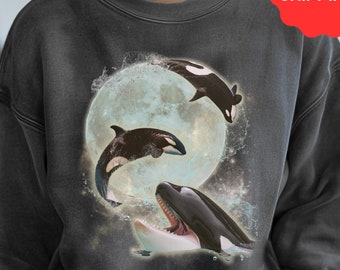 Three Orca Whale One Moon Vintage Graphic Sweatshirt, Retro Bootleg Rap Tee Pullover, Gift For Music Lover