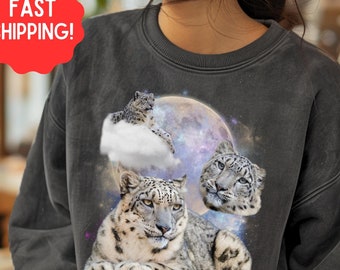 Three Snow Leopard One Moon Graphic Sweatshirt, Vintage Wildlife Nature Bootleg Pullover Sweatshirt, Gift for Hikers, Campers, Adventurers