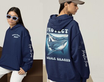 Felpa con cappuccio e xilografia di uno squalo balena: conservazione dell'oceano, regalo ecologico