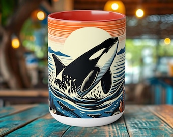 Sunset Orca Whale Mug Eco-Conscious Ocean-Themed, Ocean Conservation Gift 15 oz Ceramic Coffee Cup, For Killer Whale Lovers & Scuba Divers