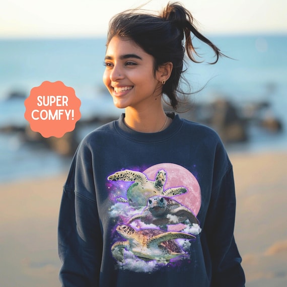 Moon Sea Turtle Graphic Sweatshirt: Vintage Marine Biology Pullover