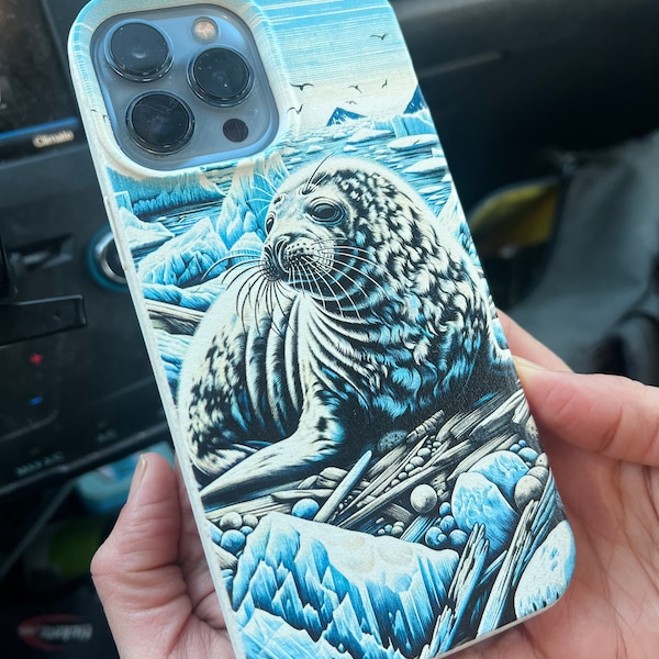 Harp Seal Phone Case - Biodegradable Woodcut Design, Eco-Friendly Compostable PLA, Bamboo, Wireless Charging-Compatible