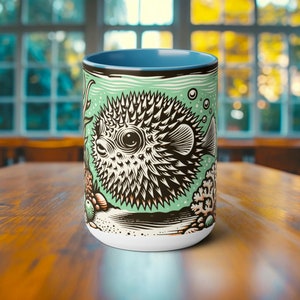 Pufferfish Coffee Mug - Elegant Woodcut Design Drinkware, Unique Ocean Creature Cup, Artistic Retro Pufferfish, Gift for Marine Life Lover