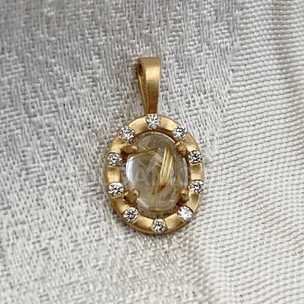 14k Gold Rutile Quartz Pendant with Burnished Diamond Halo, Unique Nature Inspired Jewelry Gift, Rustic Bohemian Necklace for Her and Him