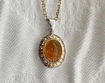Citrine Oval Sun Pendant - 14k Gold Cabochon Pendant Etched Bezel Sun Motif Statement Necklace - November Birthstone Gift for Him and Her