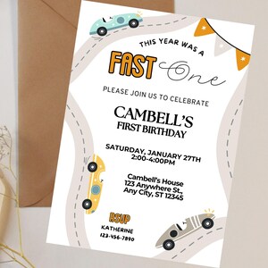 Race Car Birthday invitation, Fast one invite, boy birthday, first birthday, Editable birthday template, printable 5x7 digital