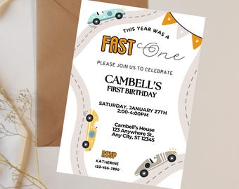 Race Car Birthday invitation, Fast one invite, boy birthday, first birthday, Editable birthday template, printable 5x7 digital