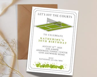 tennis birthday invitation, tennis invitation, tennis party, any age, instant download, preppy invite, digital 5x7