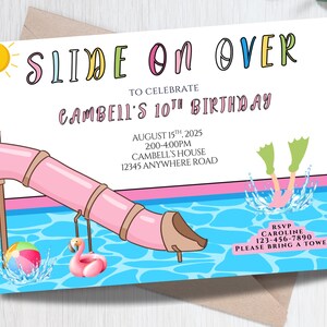 waterslide, pool party, slide on over. swimming invitation, waterslide invite, swimming party, instant download, digital 7x5