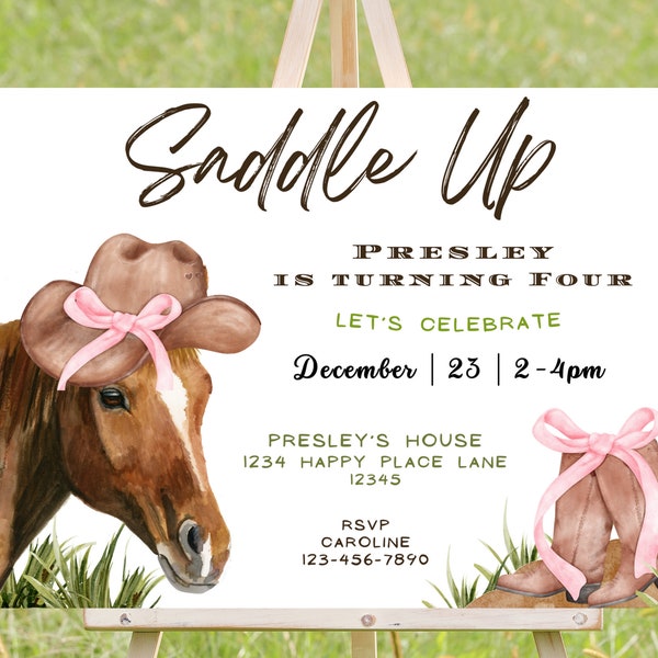 horse birthday invitation, cowgirl invite,  first rodeo, saddle up western theme, farm birthday, editable instant download 7x5