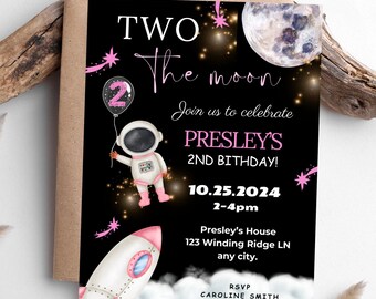 Two the moon 2nd birthday invitation astronaut Space girl  Birthday Party Invitation, Outer Space  Invite, Digital instant download