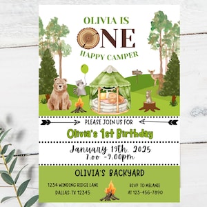 One Happy Camper Invitation Camping Birthday Invite Camper Party First birthday 1st Camping Bear nature birthday 5x7 editable