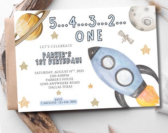 Outer Space Birthday Invitation Template | Editable Galaxy Blast Off Party Invite | Planets, Rocket Ship, and Astronaut 7x5 instant download