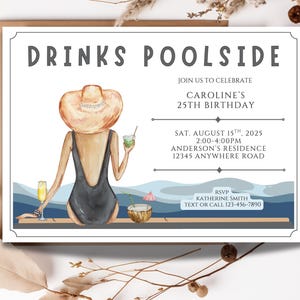 Poolside Drinks Invitation, cocktail Pool Party Invitation, Pool Party Invite, Swimming Birthday Invitation instant download, Editable 7x5