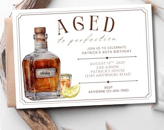 Âgé à la perfection, faire-part d'anniversaire whisky, fête de l'alcool de bourbon cigare pour hommes, invitation numérique modifiable, cocktail, tout âge 7 x 5