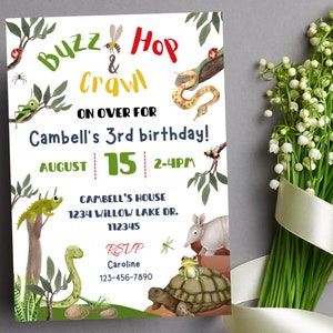 May include: A colorful invitation for a child's birthday party. The invitation features a green, yellow, and red color scheme with a cartoon illustration of a snake, a turtle, a frog, and a lizard. The text on the invitation reads "Buzz Hop & Crawl" and "Cambell's 3rd birthday!" with the date and time of the party.