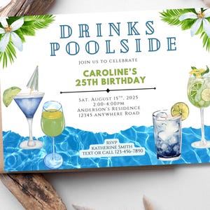 poolside birthday invitation, cocktail pool party, pool party adult, poolside party invite, cocktail invitation, 7x5 digital, instant,