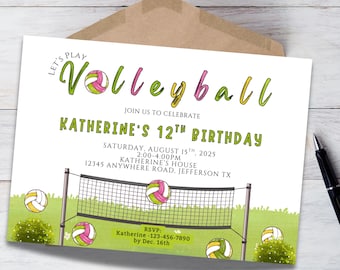 Invitación de cumpleaños de voleibol, invitación de voleibol, fiesta de voleibol, fiesta en la playa, cumpleaños, voleibol 7x5, editable, digital, instantáneo