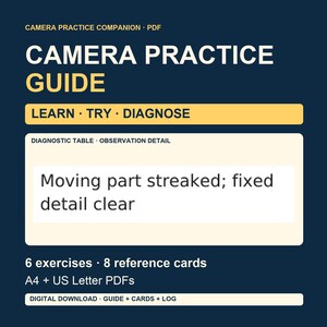 May include: A digital Camera Practice Companion PDF guide with a dark blue background. The text reads CAMERA PRACTICE GUIDE, LEARN TRY DIAGNOSE, DIAGNOSTIC TABLE OBSERVATION DETAIL, Moving part streaked; fixed detail clear, 6 exercises, 8 reference cards, A4 + US Letter PDFs, and DIGITAL DOWNLOAD GUIDE + CARDS + LOG.