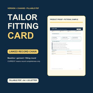 May include: A digital tailor fitting card template in a fillable PDF format. The document features sections for record chains, baseline, garment, and fitting round details. Text includes "TAILOR FITTING CARD", "LINKED RECORD CHAIN", and "PRODUCT PROOF".