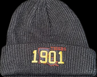 1901 Charcoal Knit Beanie | Bayou Heritage-Inspired Hat | Black Gold Embroidered Beanie