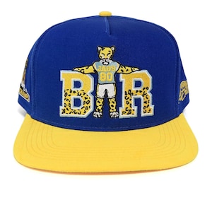 May include: A blue and yellow baseball cap with a flat brim. The cap features the letters "BAR" in a yellow leopard print design, with a cartoon jaguar mascot in the center. The cap has a yellow brim and a yellow button on top.