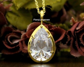 18 x 12 mm Pear Cut künstlicher, im Labor gewachsener Diamant Anhänger Halskette | Klassischer Prong Set Solitär Diamant Anhänger | 10K Gelbgold Nur Anhänger