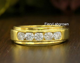 Channel Setting 1.05 TCW Round Cut Lab Grown Diamond Wedding Band | Five Stone Men&#39;s Band | 18k Yellow Gold Band | Engagement Band For Him