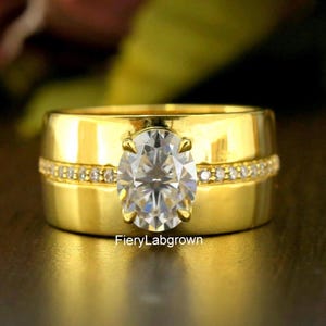 14k Yellow Gold Proposal Ring | 9x7 MM Oval Cut CVD Diamond Engagement Ring | Wide Band Ring | Pave Accents Diamond Ring | Gift For Special