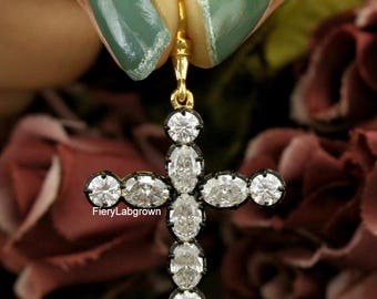 3.5 TCW Oval & Rundschliff Umweltfreundlich Diamant Anhänger Halskette | Georgian Cut Down Button Zurück Kreuz Stil Anhänger | 10K Gelbgold Anhänger