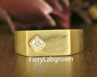 Flush Set Diamond Solitaire Ring | 3mm Princess Cut Diamond Engagement Ring | Lab Grown Diamond Signet Ring | Men&#39;s Wedding Ring | Gift Him