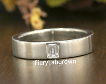 Classic Men&#39;s Engagement Band | 4x3 MM Emerald Cut CVD Diamond Solitaire Band | Flush Set Diamond Wedding Band | 18k Solid White Gold Band