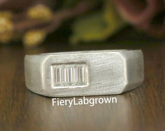 4x2 MM Baguette Cut Lab Grown Diamond Signet Ring | Flush Set Three Stone Engagement Ring | Men&#39;s Wedding Ring | 14k Gold Satin Finish Ring